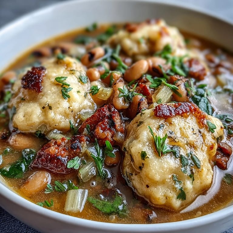 Close-up of golden dumplings on Black-Eyed Peas and Sausage Dumplings, served hot with a garnish of parsley.
