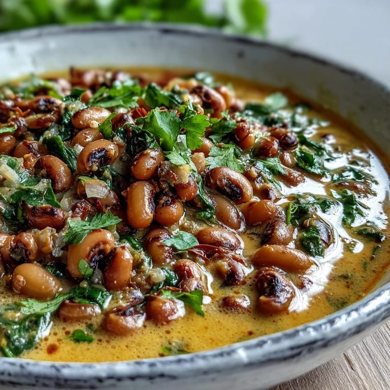 Spoon lifting a serving of creamy Black-Eyed Pea Curry with coconut milk over fluffy white basmati rice.