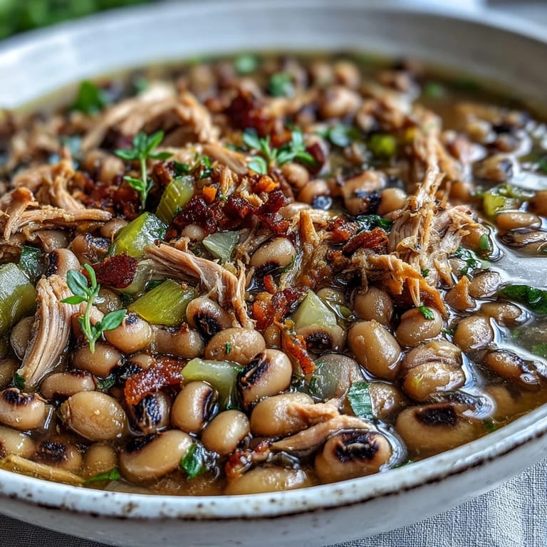 Tender black-eyed peas and shredded smoked turkey simmered in a savory broth with carrots and celery, creating a comforting Southern main dish.