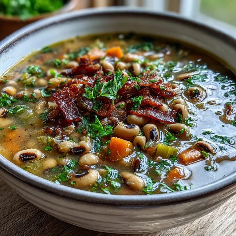 Smoky Black-Eyed Peas and Bacon Soup ladled into a cozy bowl, garnished with fresh parsley and pepper.