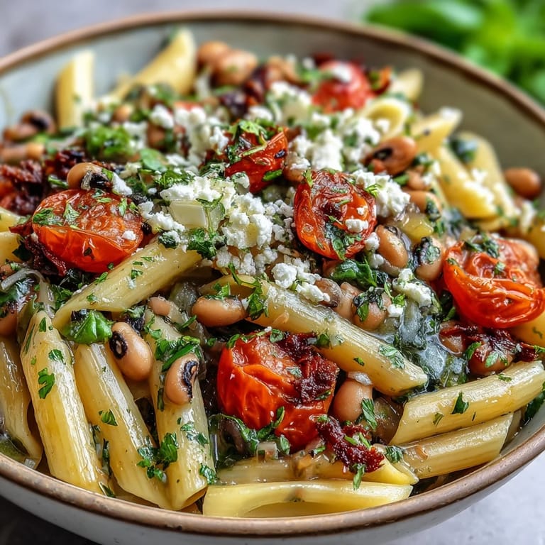 A close-up of vibrant Black-Eyed Pea Pasta tossed with garlic, fresh herbs, and a drizzle of olive oil on a wooden cutting board.