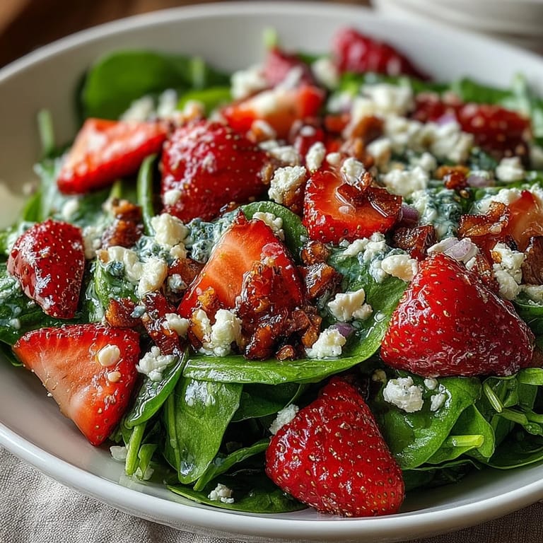 Fresh strawberry spinach salad with poppyseed dressing in a large white bowl, showcasing vibrant red strawberries and leafy greens.