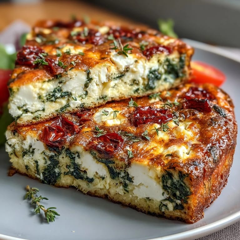 Vibrant spinach, creamy feta, and chewy sun-dried tomatoes baked into a savory frittata—perfect for a light Mediterranean meal.