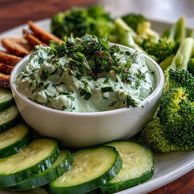 Vibrant veggie platter featuring crisp cucumber, snap peas, and green bell pepper with avocado ranch dip.