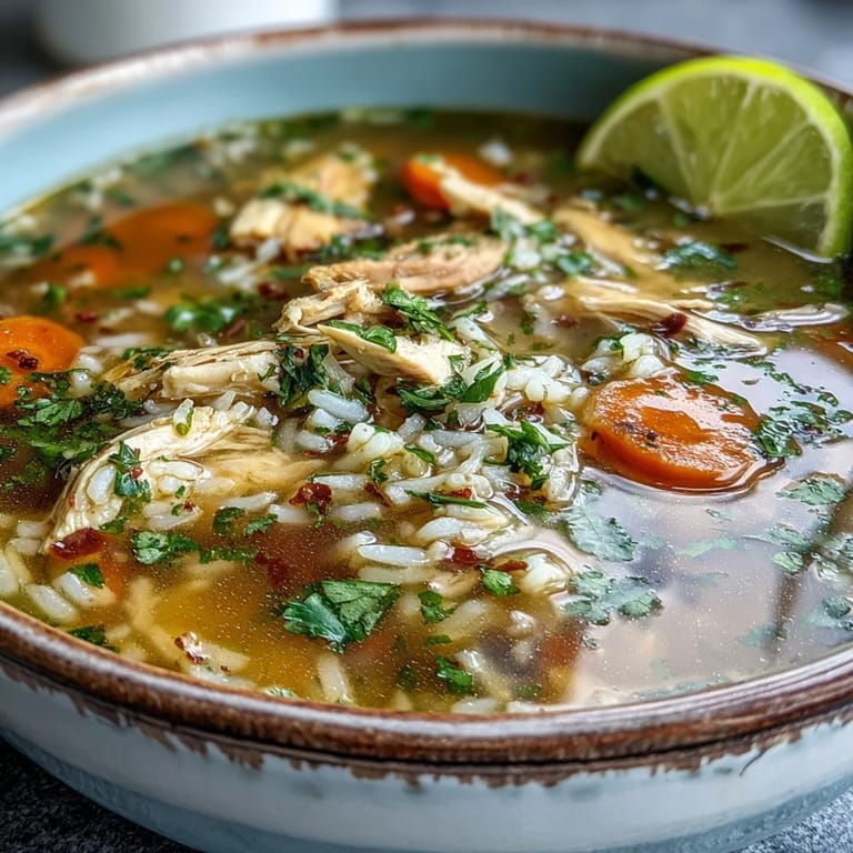 Hearty chicken and rice soup in a rustic pot, garnished with fresh parsley and ready for a cozy meal.
