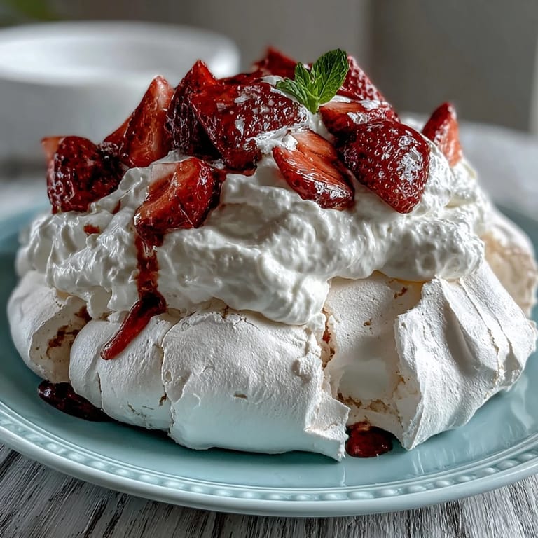 Elegant dessert featuring a delicate meringue shell filled with sweet whipped cream and juicy ripe strawberries, perfect for celebrations.