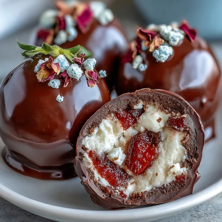 Bite-sized strawberry truffles infused with cardamom, enrobed in glossy dark chocolate, and topped with crushed pistachios
