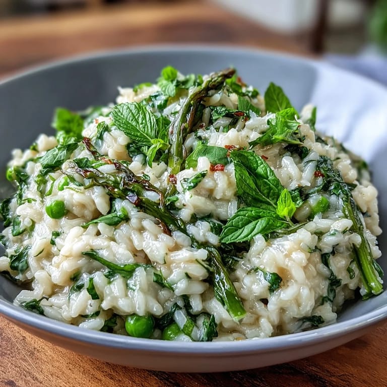 Spring dinner party pea and mint risotto with Parmesan, garnished with fresh herbs and lemon zest.