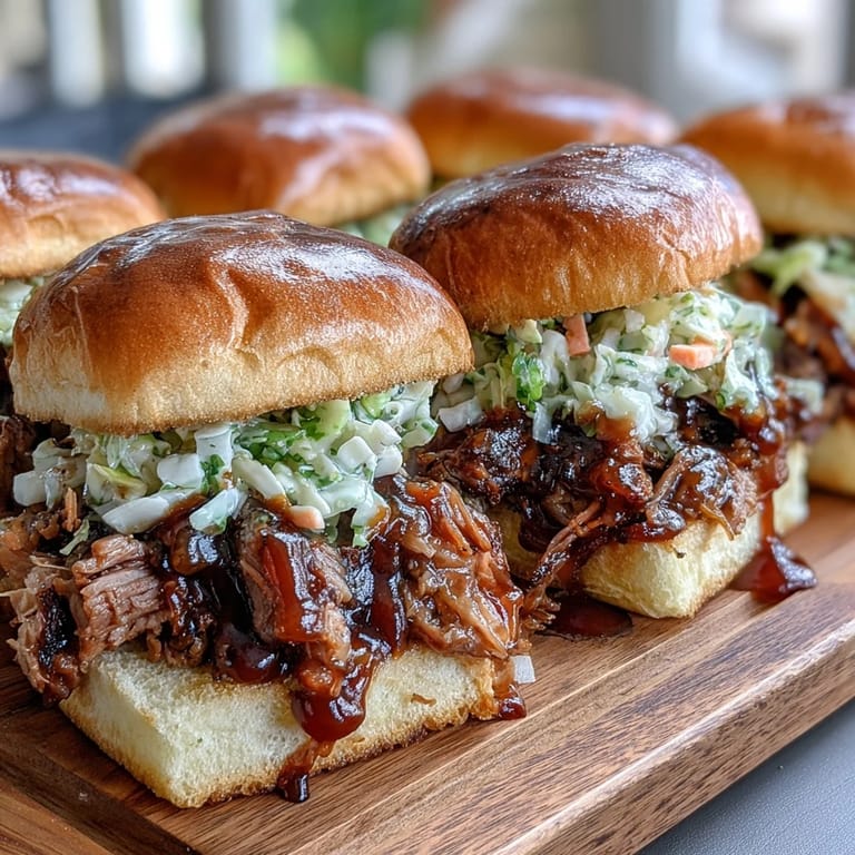 Savory BBQ brisket sliders served with crisp cabbage slaw, ideal for festive gatherings or casual family meals.