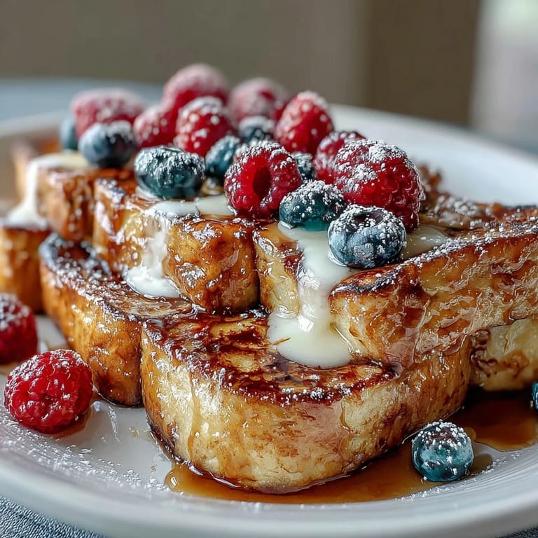 Fluffy pancake slices baked in a sweet custard, topped with vibrant mixed berries and a sprinkle of powdered sugar for a showstopping Mothers Day brunch dish.