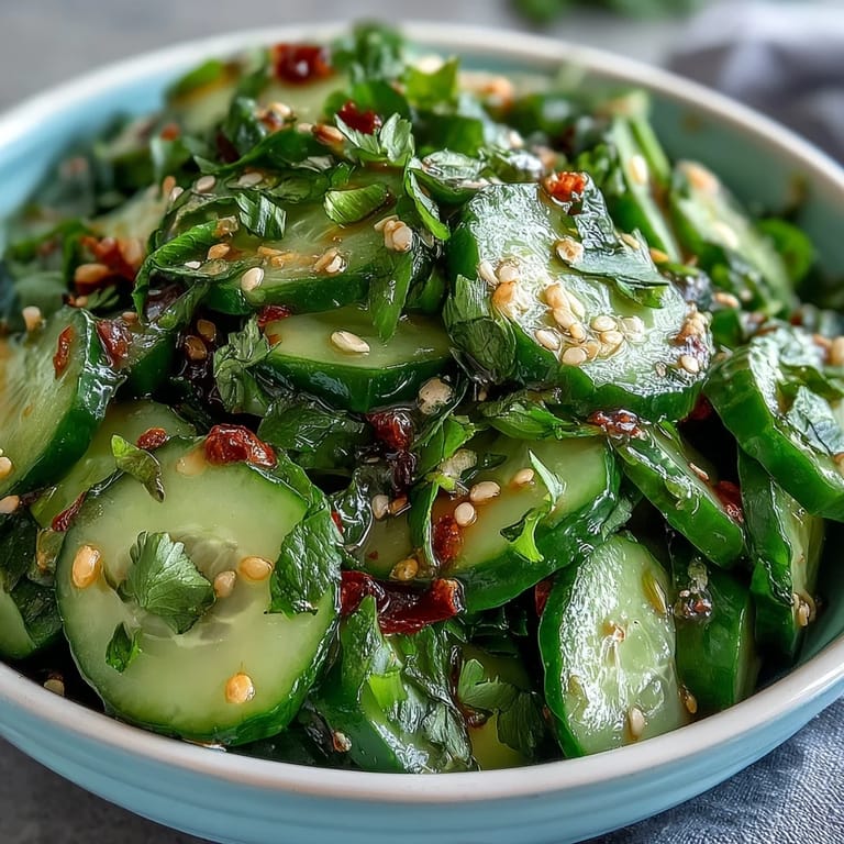 Bright and tangy Asian cucumber salad with sesame and rice vinegar, perfect for light appetizers or side dishes.