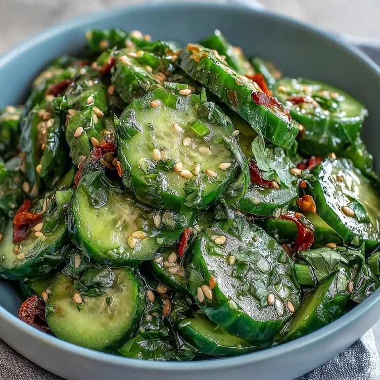 Refreshing Asian cucumber salad with sesame and rice vinegar, tossed with green onions and a hint of spice.