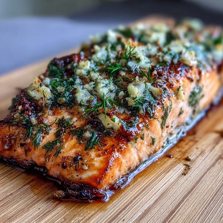 Smoky cedar plank salmon with fresh dill and garlic, a vibrant summer grilling recipe for seafood lovers.