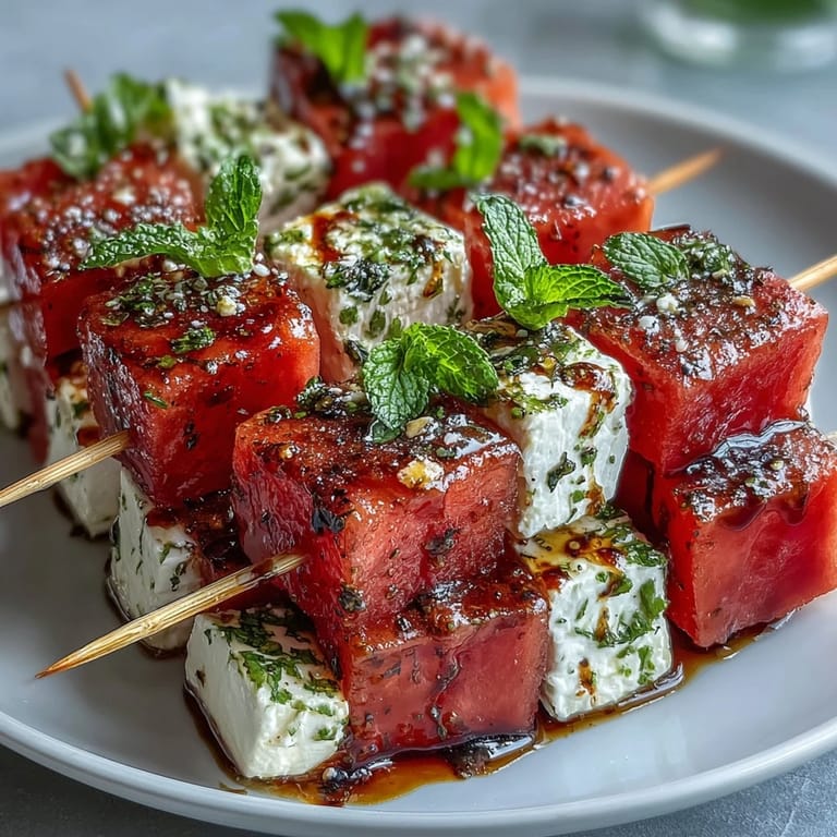 Refreshing party snack of watermelon, feta, and mint on skewers, perfect for light, gluten-free appetizers.