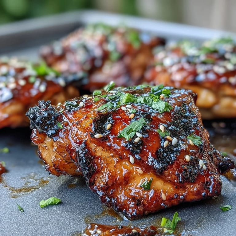Close-up of honey sriracha chicken thighs on a white plate, garnished with fresh cilantro and sesame seeds.