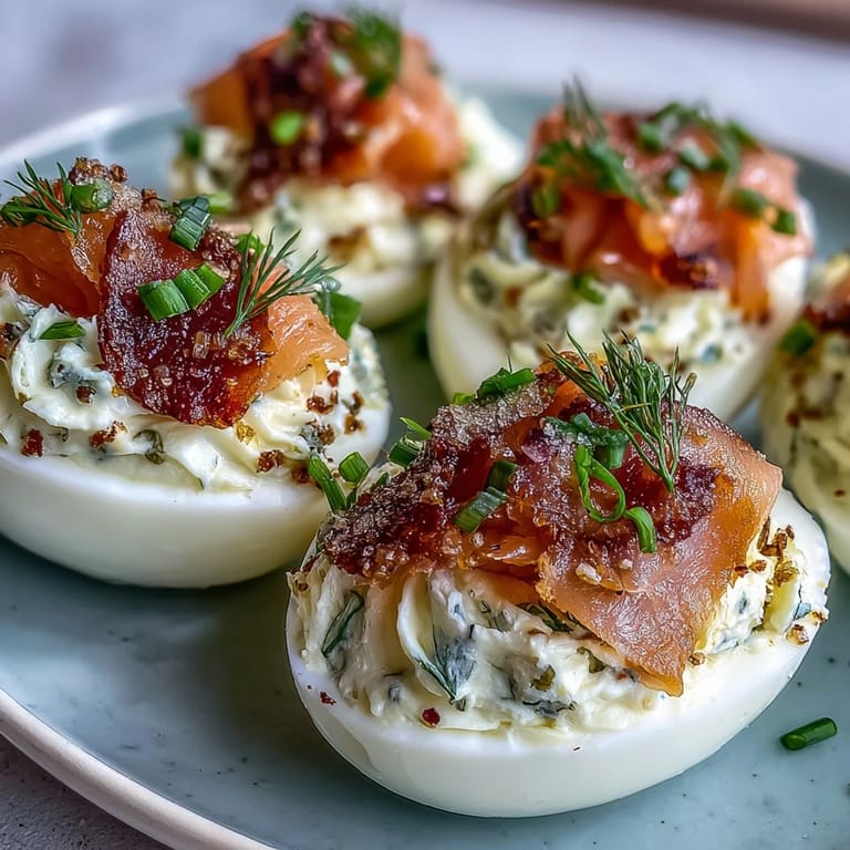 Elegant smoked salmon deviled eggs sprinkled with everything bagel seasoning, perfect for parties or holiday spreads.