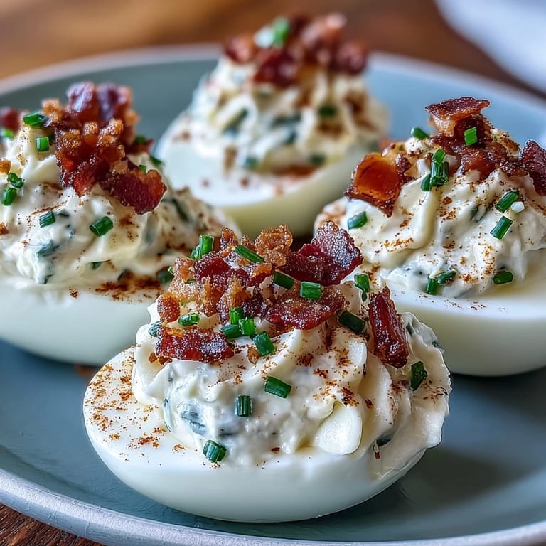 Flavorful deviled eggs with ranch seasoning, bacon bits, and fresh chives—an easy, crowd-pleasing appetizer.