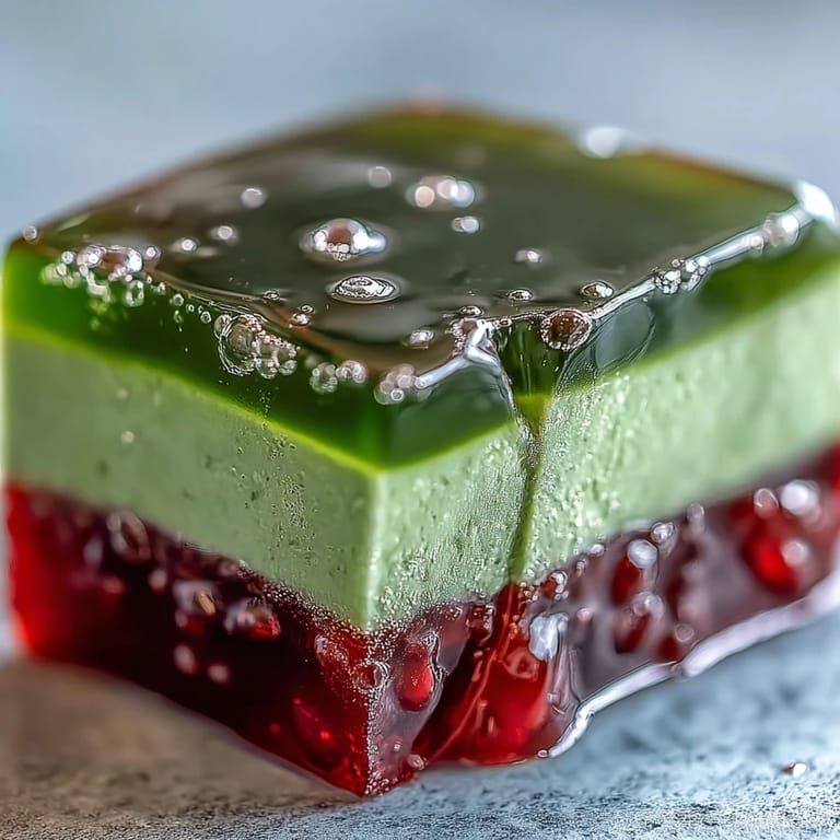 Golden brown yokan topped with vibrant green matcha, ready to chill.