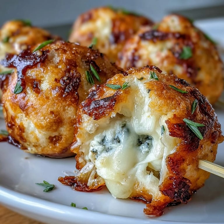 Close-up of warm Derby Party Olive Cheese Balls served on festive skewers.