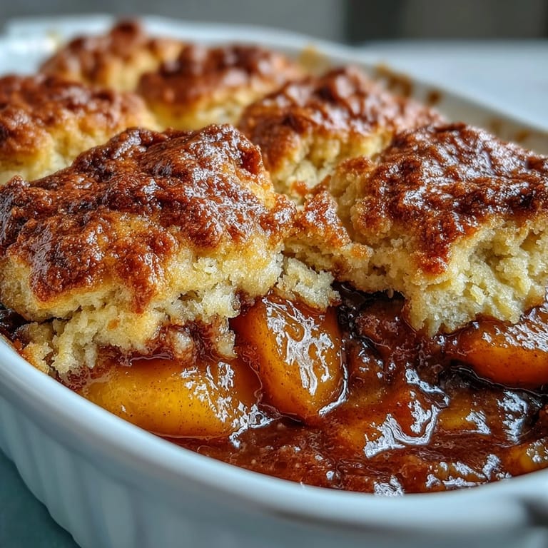 Classic Southern peach cobbler featuring tender fruit and a buttery biscuit crust.