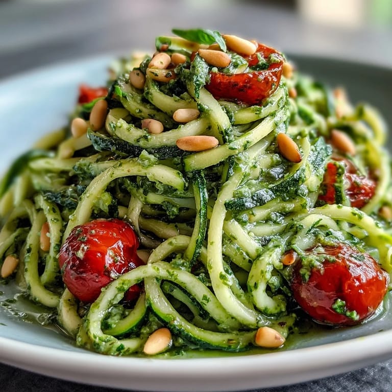 Enjoy this light Zucchini Noodles with Avocado Pesto, drizzled with olive oil garnish.