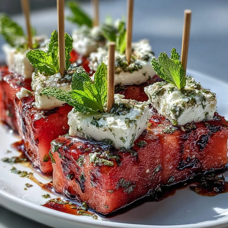 Vibrant watermelon feta bites with a salty cheese crumble, ideal for summer gatherings.