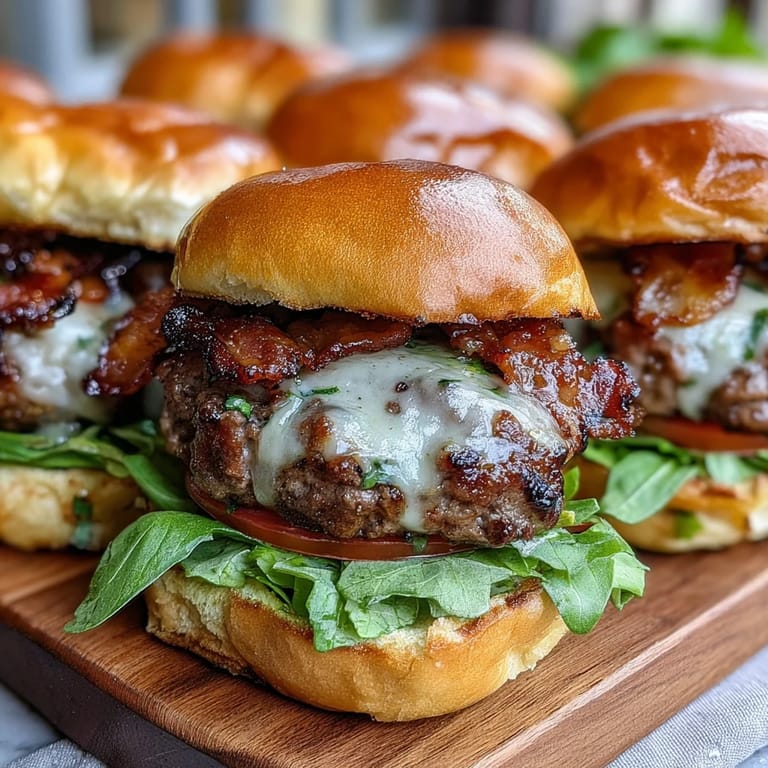 Easy Father's Day sliders, grilled to perfection with smoky bacon and fresh greens.