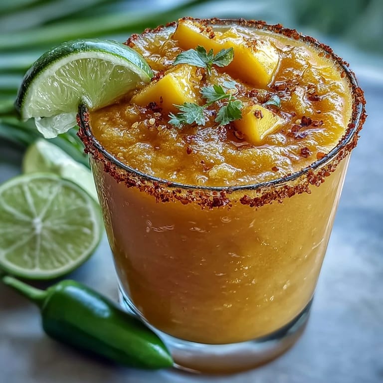 Icy, no-alcohol mango margarita slushie perfectly rimmed and ready to sip.