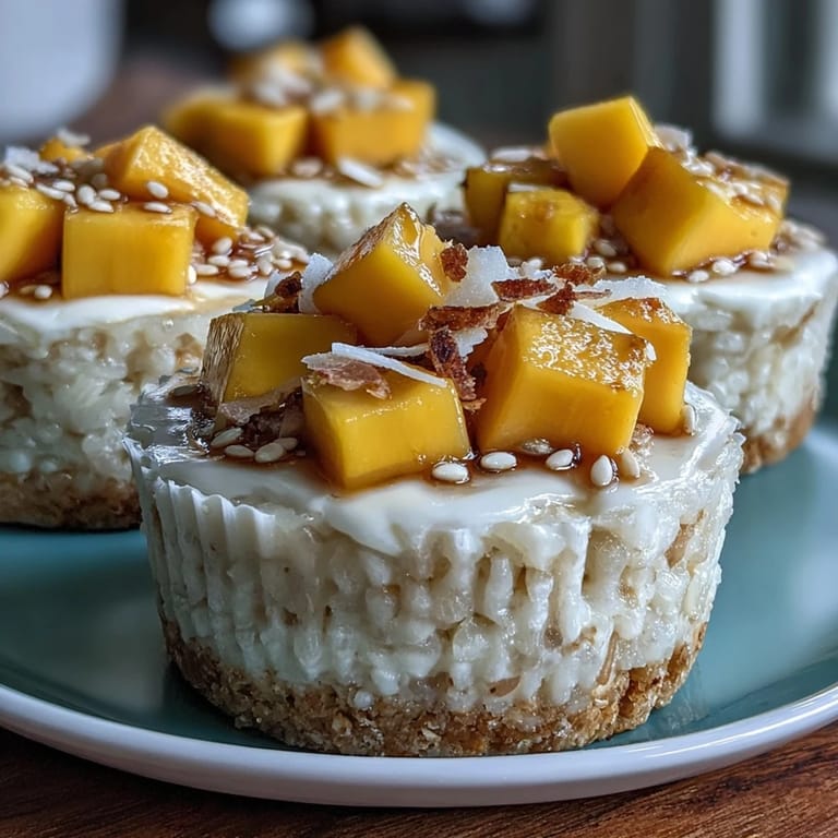 Individual coconut mango sticky rice cups, a perfect tropical dessert bite.