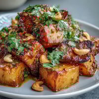 Golden roasted celeriac chunks glisten in a creamy curry sauce, garnished with cilantro and toasted cashews.