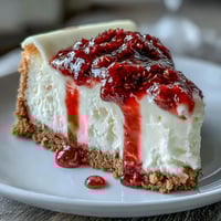 A slice of Indulgent White Chocolate Raspberry Cheesecake Bliss on a plate, featuring a creamy white chocolate filling and swirls of vibrant red raspberry sauce.