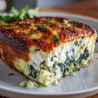 Golden brown High Protein Spinach Artichoke Bake in a white dish, steam rising.