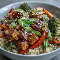 A close-up of a vibrant Quinoa Vegetable Teriyaki Bowl with golden tofu, crisp broccoli, and bell peppers. 