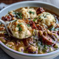 A hearty bowl of Black-Eyed Peas and Sausage Dumplings, featuring savory broth and fluffy cornmeal dumplings.
