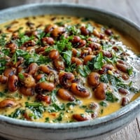 Fragrant Black-Eyed Pea Curry simmering in a white ceramic pot, garnished with fresh cilantro and a lime wedge, ready to serve.
