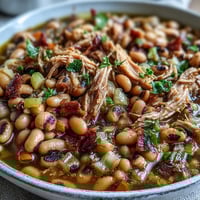 A warm bowl of Black-Eyed Peas With Smoked Turkey, garnished with fresh parsley and a dash of hot sauce, served next to golden cornbread.