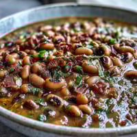 Steaming pot of Big Pot of Texas Black-Eyed Peas with smoky bacon, Rotel tomatoes, and diced jalapeños.