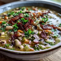 Warm Black-Eyed Peas and Bacon Soup steaming in a rustic ceramic bowl with a golden spoon resting nearby.