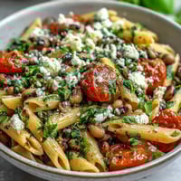 Freshly cooked Black-Eyed Pea Pasta with cherry tomatoes, spinach, and crumbled feta cheese served in a rustic white bowl.
