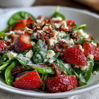 Fresh strawberry spinach salad with poppyseed dressing in a large white bowl, showcasing vibrant red strawberries and leafy greens.