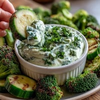 Fresh green snack board with cucumber, snap peas, and creamy avocado ranch dip for healthy entertaining.