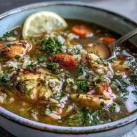 Easy Chicken Run One-Pot Chicken and Rice Soup with tender chicken, hearty rice, and vegetables simmering in a savory broth.