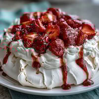 A golden-brown pavlova with crisp edges and soft center, crowned with fluffy whipped cream and vibrant fresh strawberries.