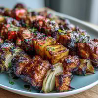 Grilled Pineapple Chicken Skewers with colorful veggies sizzling on a hot grill, offering a sweet and savory summer meal.