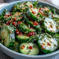 A crisp Asian cucumber salad with sesame and rice vinegar, garnished with sesame seeds and fresh herbs.