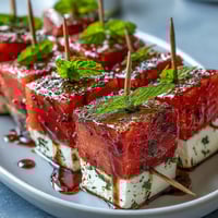 Watermelon Feta Mint Skewers: juicy watermelon, creamy feta, and fresh mint on a stick for a cool summer bite.  
