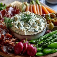 Fresh spring charcuterie board with radishes, peas, and herb dip—colorful and crisp, perfect for entertaining.  