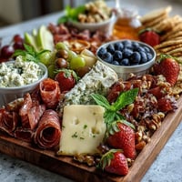 Spring charcuterie board with edible flowers and fruits arranged artfully on a rustic wooden board, bursting with color and seasonal freshness.