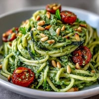 Fresh zucchini noodles tossed in vibrant, creamy avocado pesto, ready to serve.