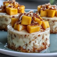 Sweet coconut mango sticky rice cups piled high with fresh golden fruit.